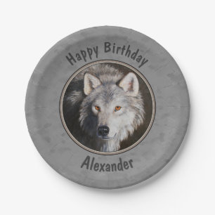 Grey Timber Wolf Face Paper Plate