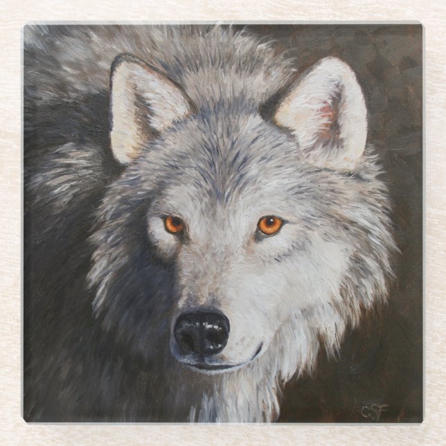 Grey Timber Wolf Face Portrait Glass Coaster (Front)