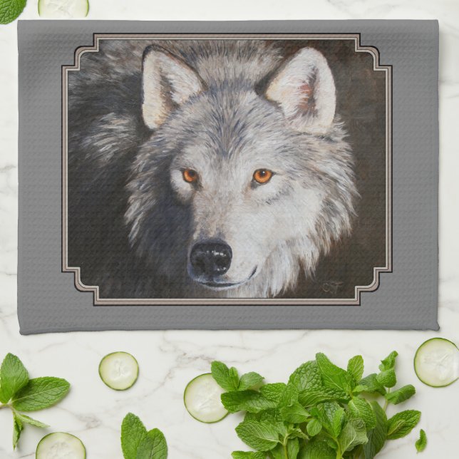 Grey Timber Wolf Face Portrait Kitchen Towel (Folded)