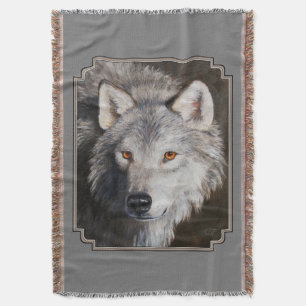 Grey Timber Wolf Face Portrait Throw Blanket