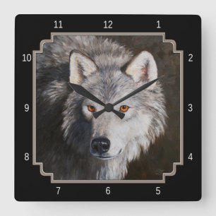 Grey Timber Wolf Face Square Wall Clock