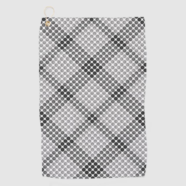 Grey to black balls or holes, cross-aligned square golf towel (Front)