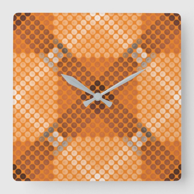Grey to brown circles over orange, forming squares square wall clock (Front)
