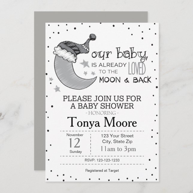 Grey To the Moon and Back Baby Shower Invite (Front/Back)