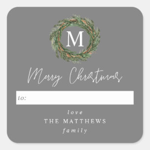 Grey To Wreath Monogram Merry Christmas Square Sticker