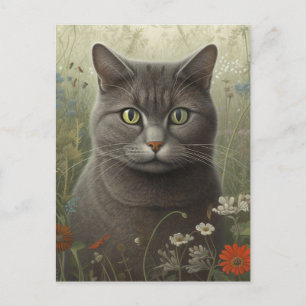 Grey Tom Cat In A Flower Garden Postcard