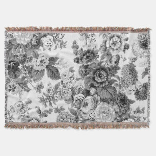 Grey Tone Black & White Vintage Floral Toile Throw Blanket