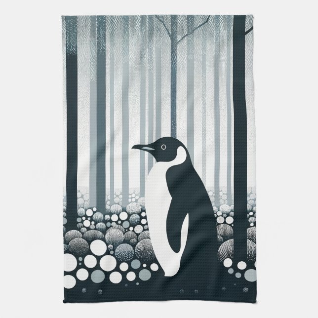Grey Tones Dark Night Geometry Penguin Forest Kitchen Towel (Vertical)