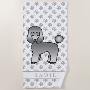 Grey Toy Poodle Cute Cartoon Dog & Name Beach Towel