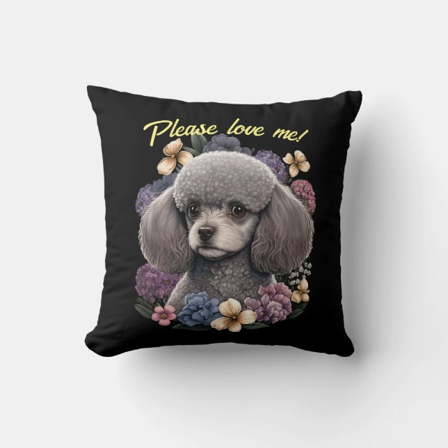 Grey Toy Poodle Throw Pillow & Customizable Text (Front)