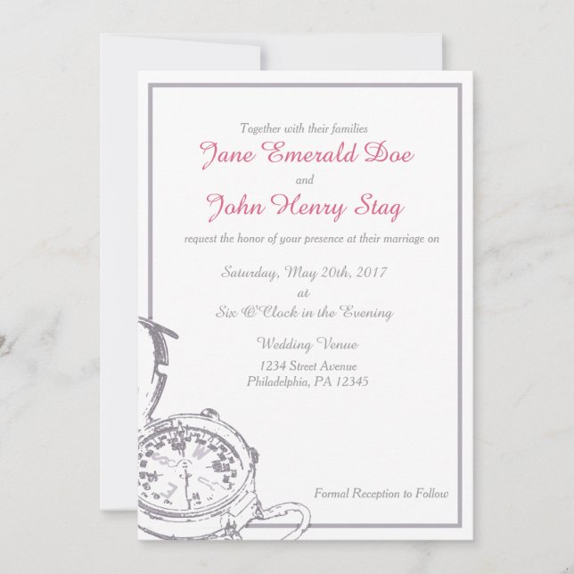 Grey Travel Compass Wedding Invitation (Front)
