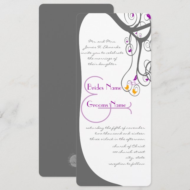 Grey Tree Plum Leave Love Birds Wedding Invitation (Front/Back)
