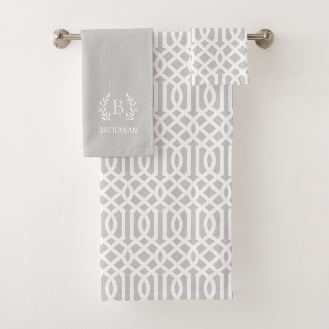 Grey Trellis and Branch Monogram Bath Towel Set (Insitu)