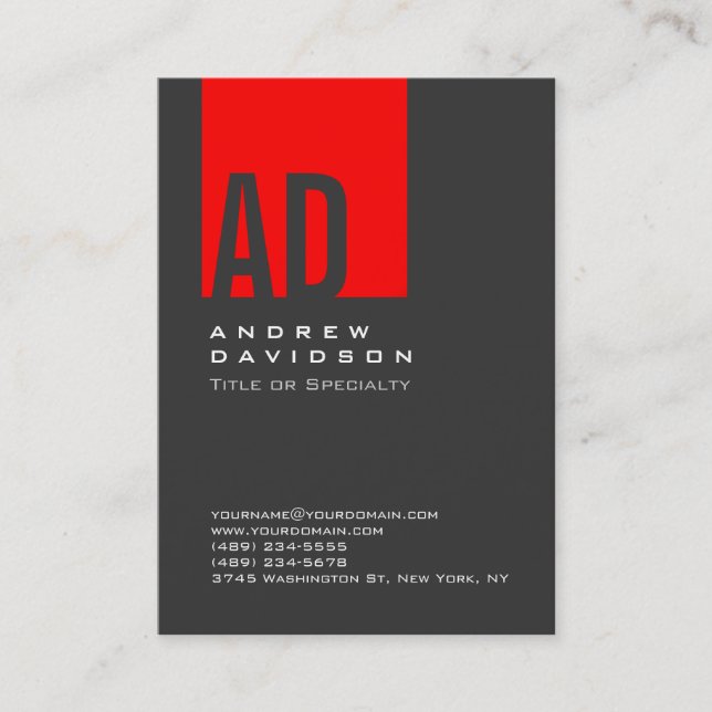 Grey Trend Red Stripe Monogram White Business Card (Front)