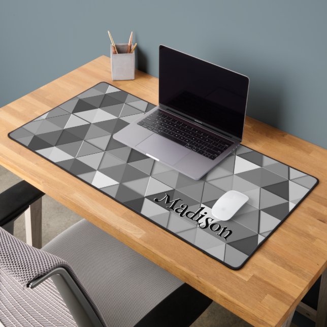 Grey triangle retro geometry pattern Monogram  Desk Mat (Office 2)