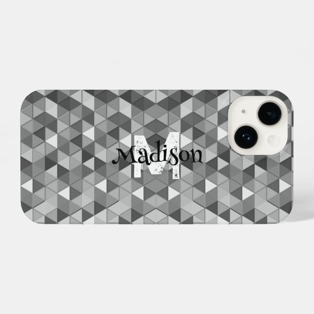 Grey triangle retro geometry pattern Monogram iPhone Case (Back Horizontal)