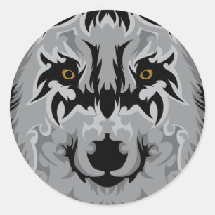 Grey Tribal Wolf Head Classic Round Sticker