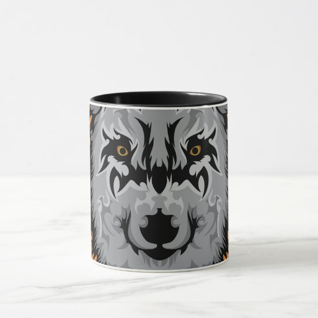 Grey Tribal Wolf Head Mug (Center)