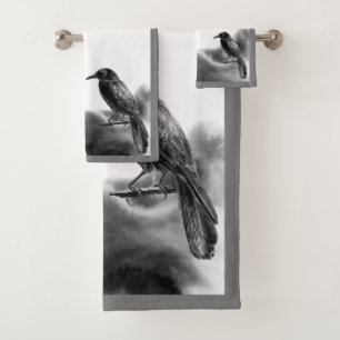 Grey Trim Black Birds - Raven Bath Towel Set