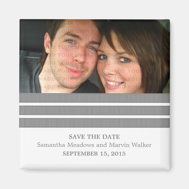 Grey Triple Stripe Photo Save the Date Magnet (Front)