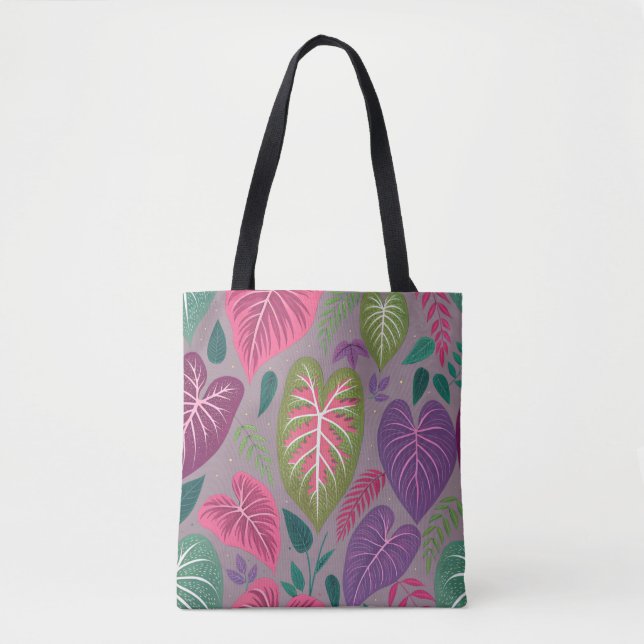 Grey Tropical Heart Leaf Pattern Tote Bag (Front)