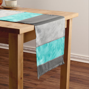 Grey Turquoise Block Stripes Short Table Runner