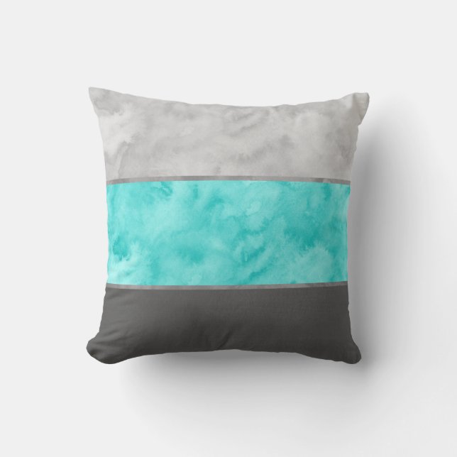 Grey Turquoise Block Stripes Throw Pillow (Front)