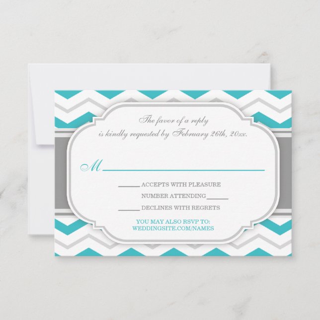Grey Turquoise Chevron Wedding Reception RSVP Card (Front)