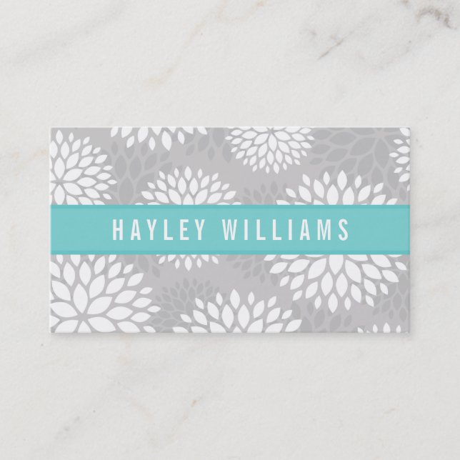Grey & Turquoise Modern Floral Business Card (Front)