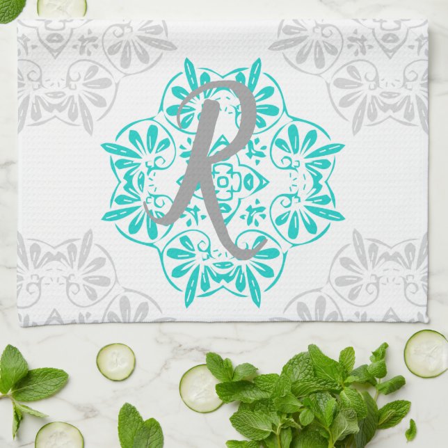 Grey Turquoise Modern Kaleidoscope Damask Pattern Kitchen Towel (Folded)