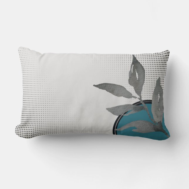 Grey & Turquoise Simple Watercolor Leaf Design Lumbar Pillow (Front)