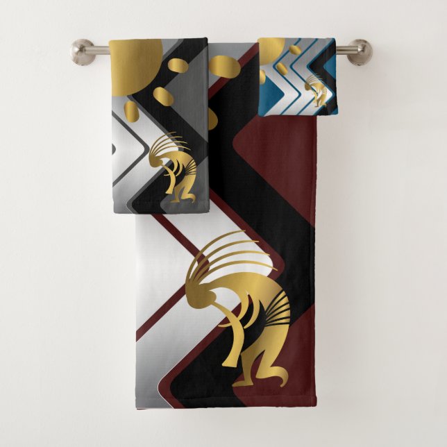 Grey Turquoise Southwestern Gold Kokopelli Bath Towel Set (Insitu)