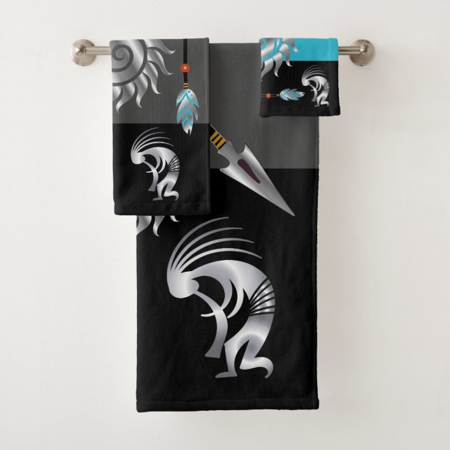 Grey Turquoise Southwestern Kokopelli Bath Towel Set (Insitu)