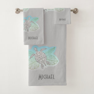 Grey Turtles Green Tropical Leaves Bath Towel Set