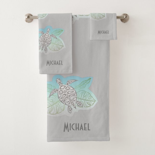 Grey Turtles Green Tropical Leaves Bath Towel Set (Insitu)