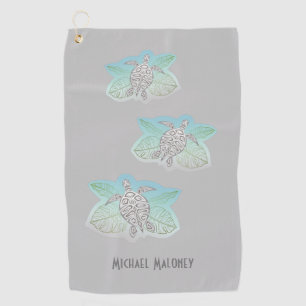 Grey Turtles Green Tropical Leaves Coastal Golf Towel