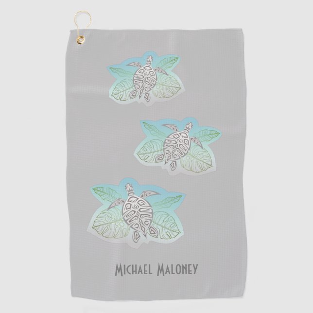 Grey Turtles Green Tropical Leaves Coastal Golf Towel (Front)