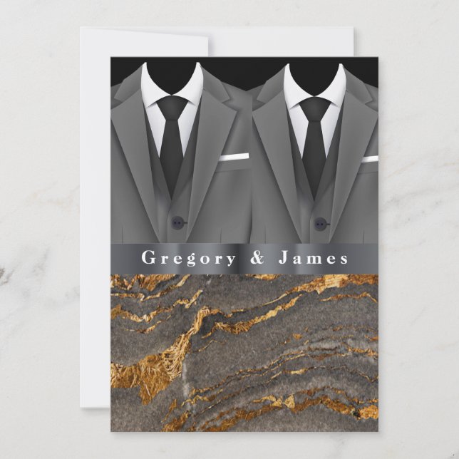 Grey Tuxedos White Handkerchief Gold Black Marble Invitation (Front)