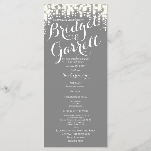 Grey Twinkle Lights Wedding Program (Front)