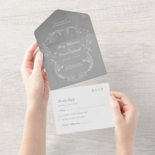 Grey Velvet Elegant Baroque Frame Wedding All In One Invitation