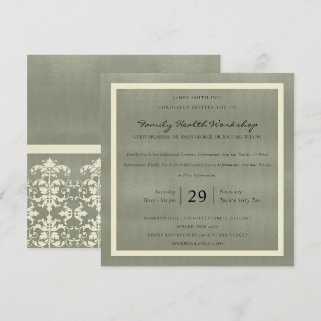 GREY VELVET WHITE DAMASK CLASSIC WORKSHOP EVENT INVITATION (Front/Back)