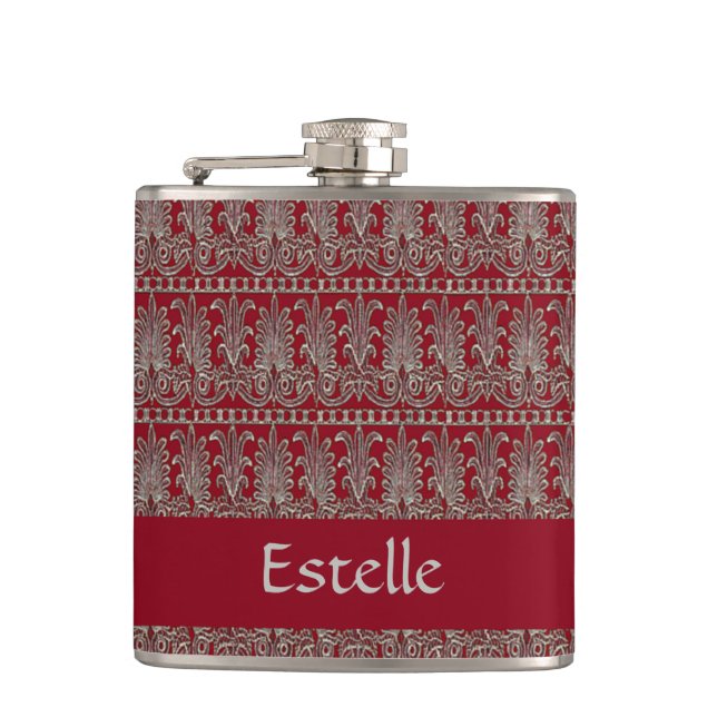 Grey Victorian decorative pattern maroon Hip Flask (Front)