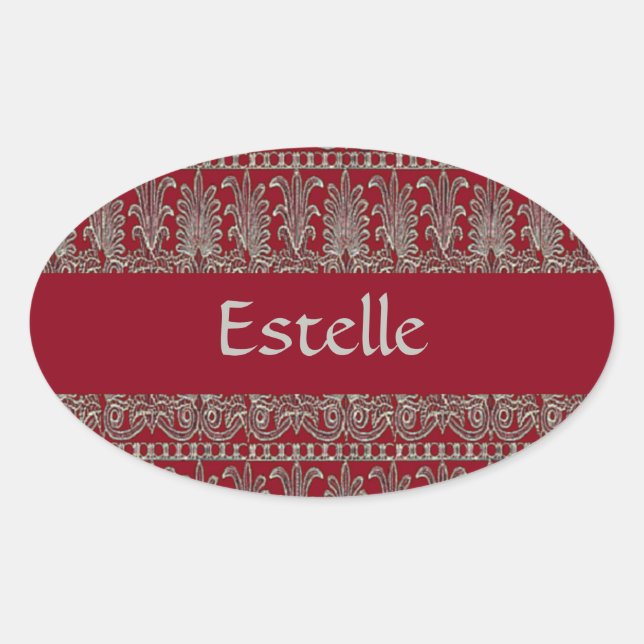 Grey Victorian decorative pattern maroon Oval Sticker (Front)