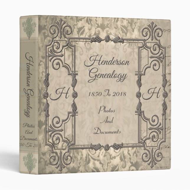 Grey Victorian Monogram Family Tree Genealogy Binder (Front/Spine)