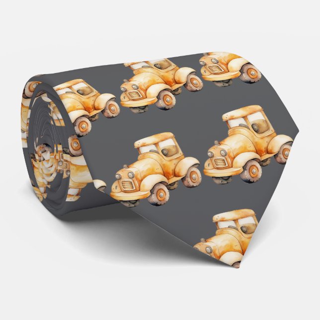 Grey Vintage Child's Car Toy Pattern Tie (Rolled)
