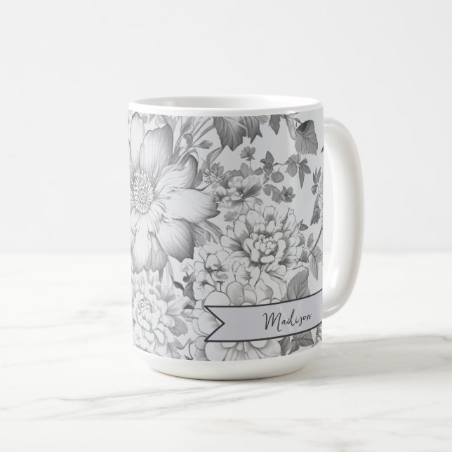 Grey Vintage Chinoiserie Floral Personalized Coffee Mug (Front Right)