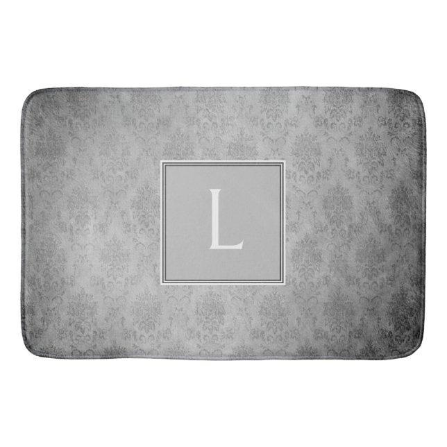 Grey Vintage Damask Monogram Bath Mat (Front)