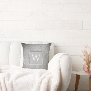 Grey Vintage Damask Monogram Throw Pillow