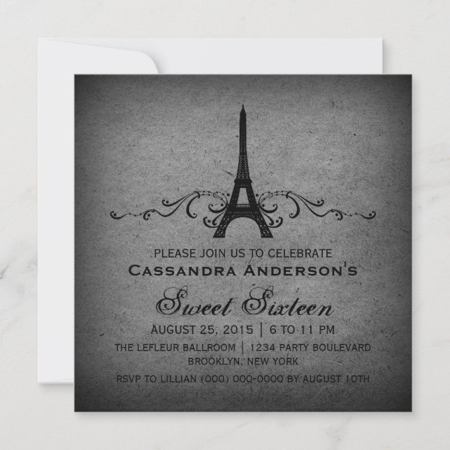 Grey Vintage French Flourish Sweet 16 Invite (Front)