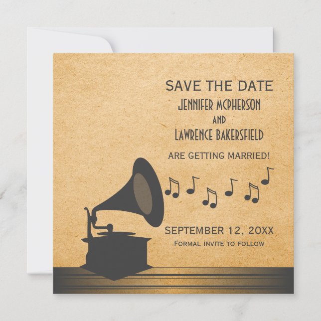 Grey Vintage Gramophone Save the Date Invite (Front)